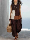 Women's Geometric Color-block Sleeveless Cotton-linen Set