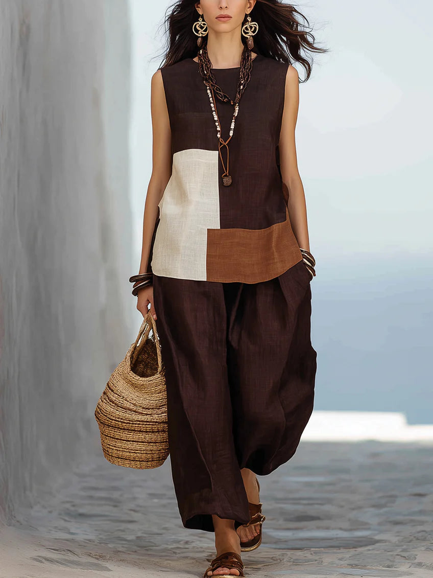 Women's Geometric Color-block Sleeveless Cotton-linen Set