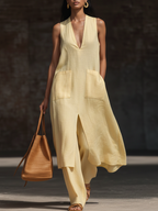 Stylish V-neck Long Shirt And Wide-leg Pant Linen Two-piece Set