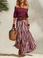 Women's Off-shoulder 3/4-sleeve Casual Top & High-waisted Skirt Cotton Set