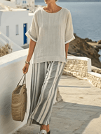 Women'S Loose Slit Contrast Striped Pants Set