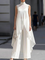 Elegant Chiffon Sleeveless Long Top & Cotton Trousers Two-piece Set