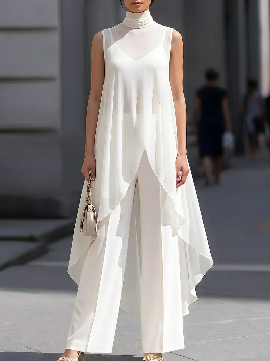 Elegant Chiffon Sleeveless Long Top & Cotton Trousers Two-piece Set