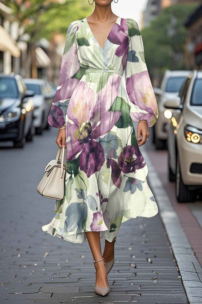Elegant Floral Print Lantern Sleeve V-Neck A-Line Midi Chiffon Dress