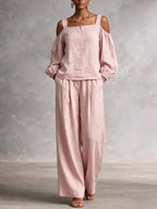 Women's Off-shoulder Cotton-linen Wide-leg Pants Set