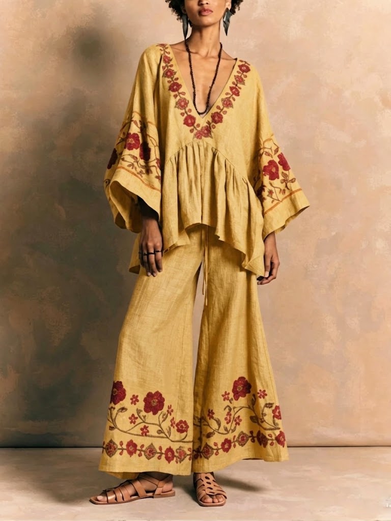 Bohemian Linen And Cotton Two-piece Top And Pants Set
