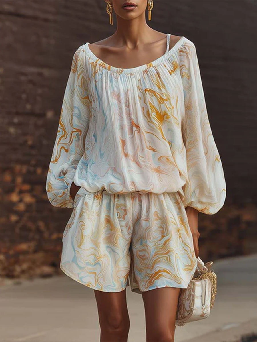 Boho Vintage Print Shirt & Shorts Two-piece Set