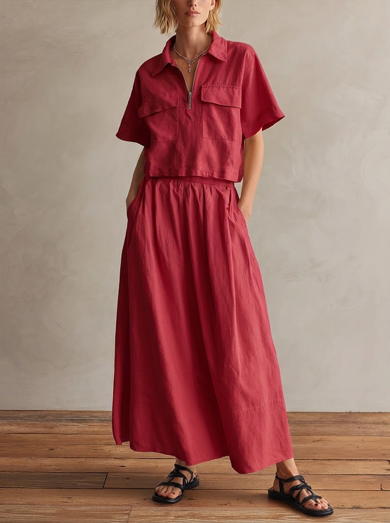 Casual Half-zip Short-sleeved Cotton Top And Skirt Two-piece Set