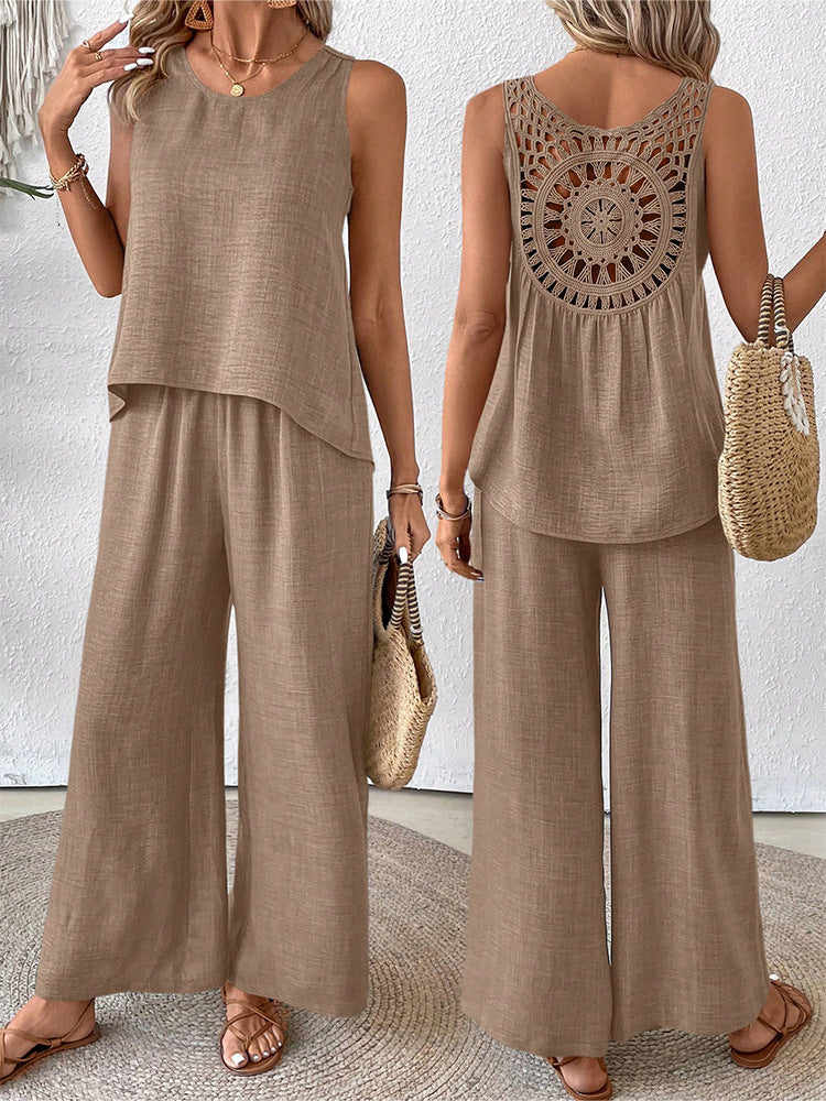 Women's Hollow Lace Two-piece Set: Casual Vest And Wide-leg Pants