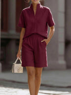 Women's V-neck Short-sleeved Casual Loose Cotton Linen Top High-waisted Casual Loose Wide-leg Shorts Cotton Linen Set