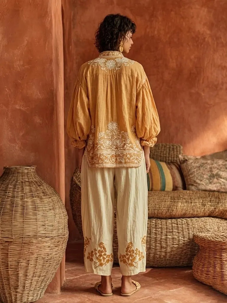 Bohemian Floral Print Linen And Cotton Two-piece Top And Pants Set