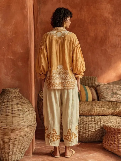 Bohemian Floral Print Linen And Cotton Two-piece Top And Pants Set