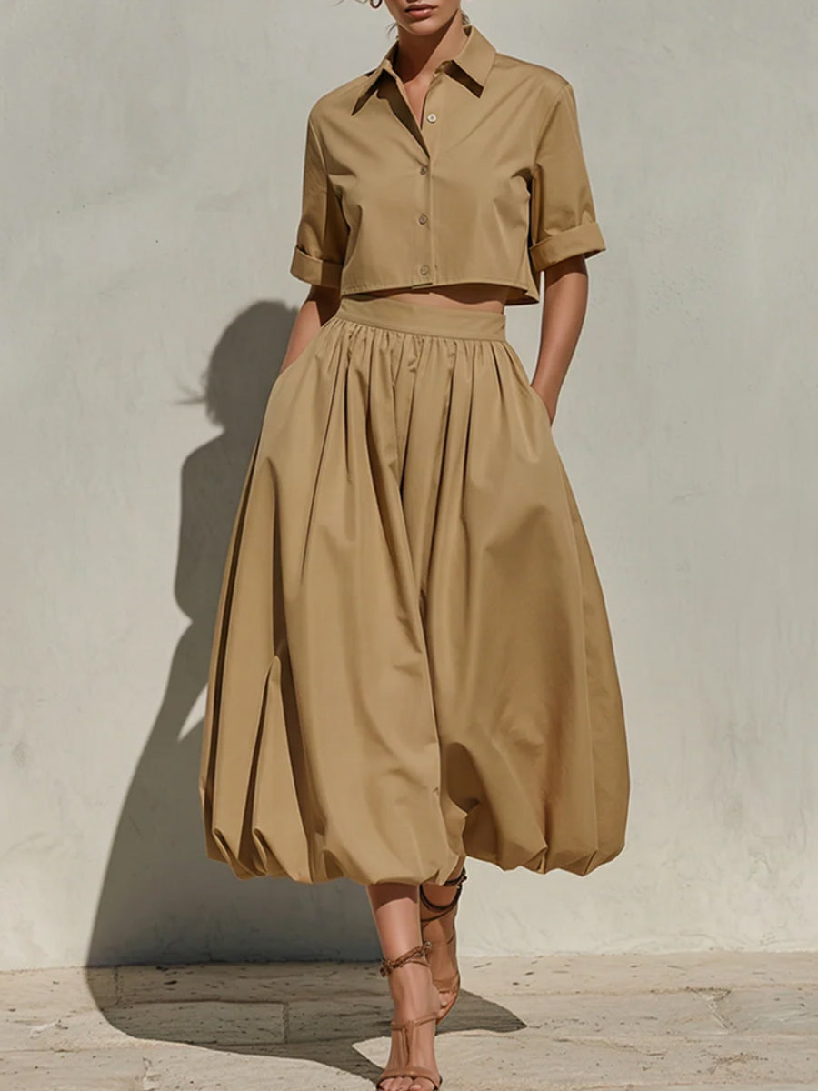 Stylish Casual Cropped Top And Balloon Skirt Two-piece Set