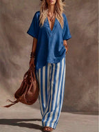 Casual Linen And Cotton Top And Striped Pants Two-piece Set