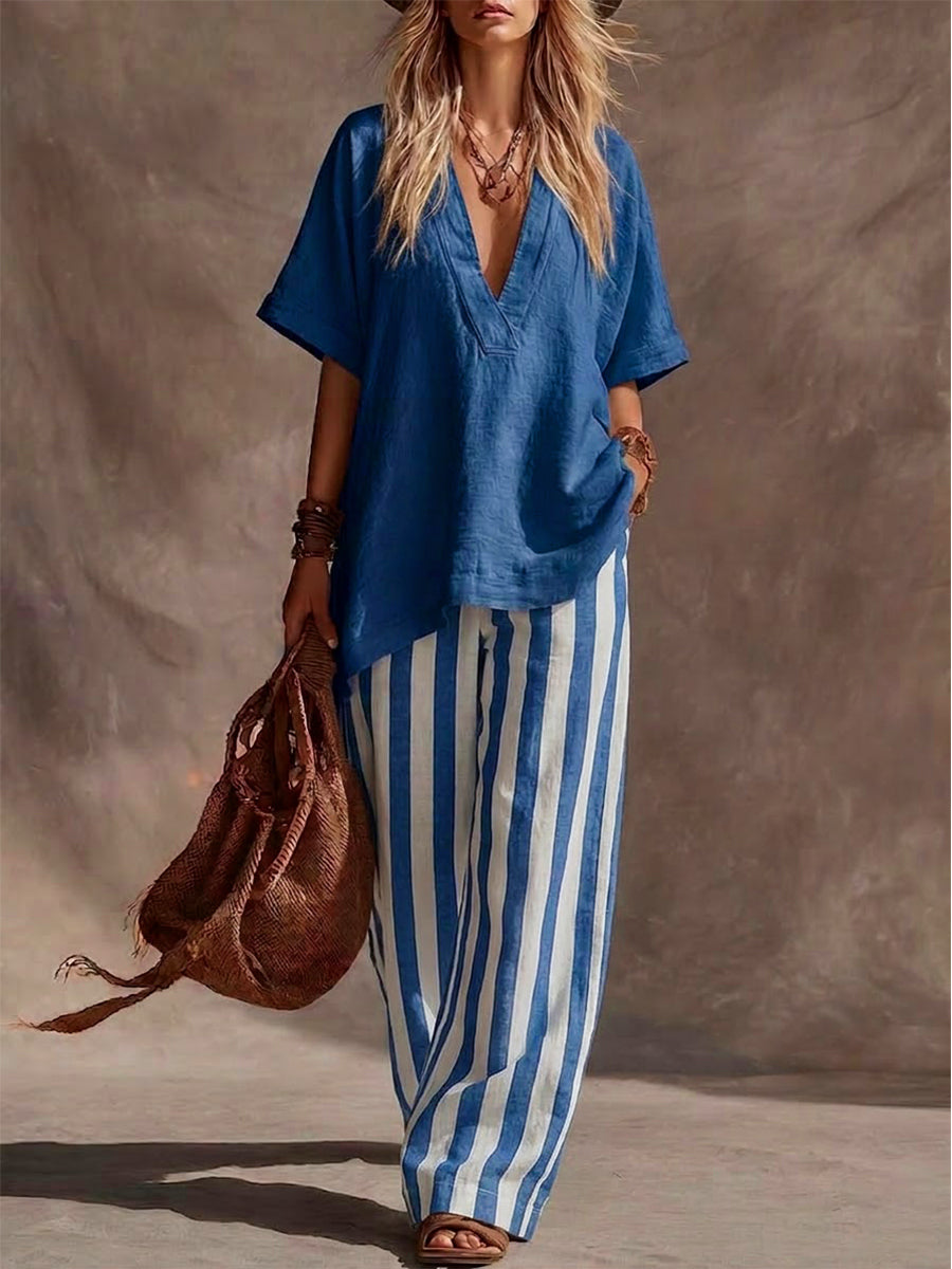 Casual Linen And Cotton Top And Striped Pants Two-piece Set