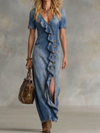 Women's V-neck Short-sleeve Ruffled Denim Dress