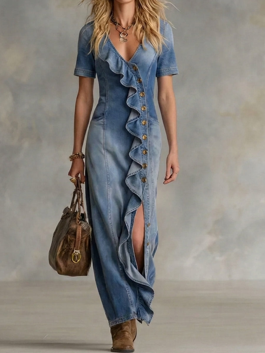Women's V-neck Short-sleeve Ruffled Denim Dress