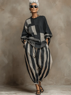 Artistic Stripe Print Cotton-linen Two-piece Set