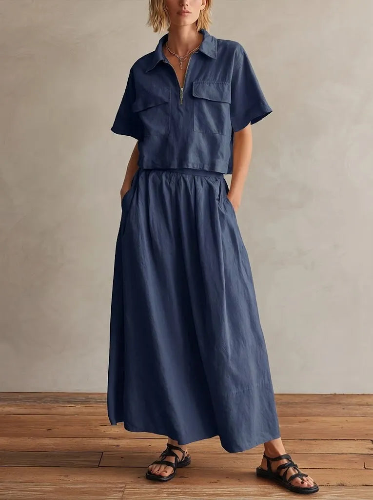 Casual Half-zip Short-sleeved Cotton Top And Skirt Two-piece Set