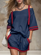 Women's Off-shoulder 3/4-sleeve Casual Loose Cotton Top & Elastic-waist Wide-leg Shorts Cotton Set