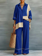 Casual Color-blocked Linen And Cotton Shirt And Trousers Two-piece Set