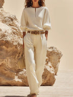 Women's Solid-color Linen Set: V-neck 3/4-sleeve Loose-fit Top & High-waisted Wide-leg Pants