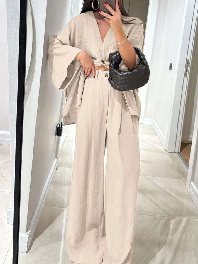 Women's Casual Solid Color Cotton and Linen Top and Pants Set