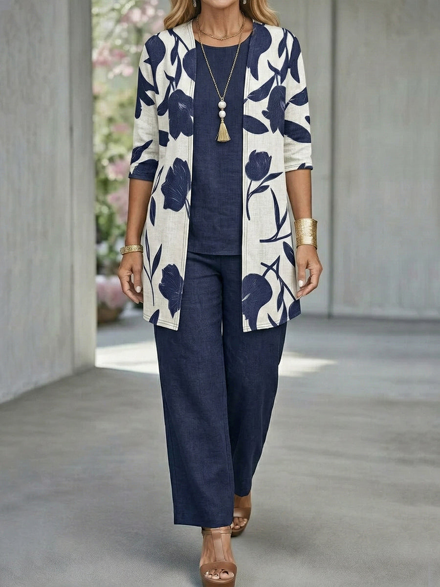 Casual Linen And Cotton Floral Print Cardigan And Sleeveless Top And Pants Three-piece Set