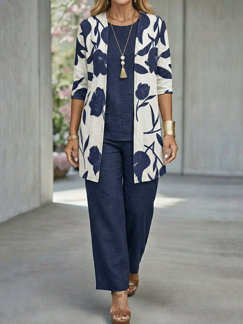 Casual Linen And Cotton Floral Print Cardigan And Sleeveless Top And Pants Three-piece Set