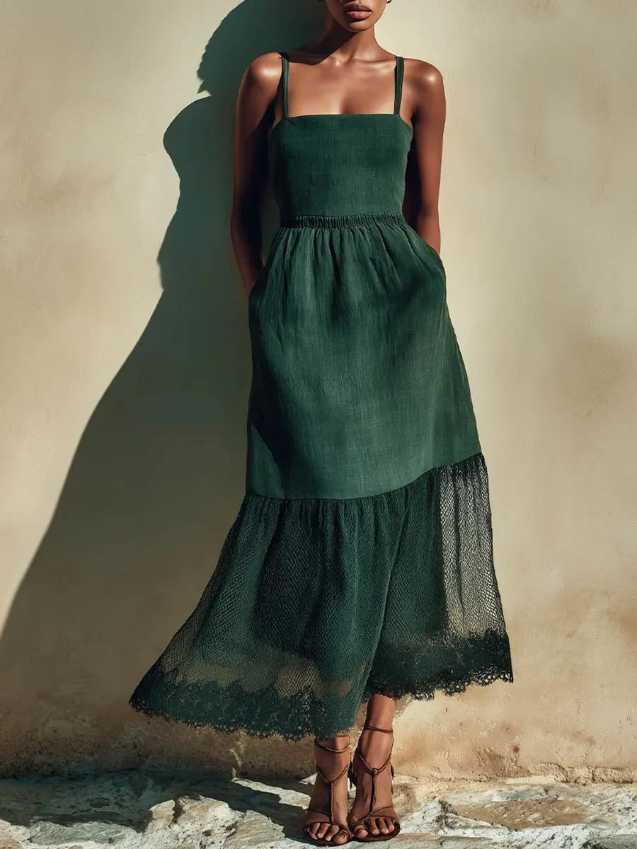 Women's Solid-color Casual Loose Cotton-linen Patchwork Strappy Dress