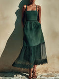 Women's Solid-color Casual Loose Cotton-linen Patchwork Strappy Dress
