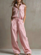 Women's Solid Color Stand Collar Sleeveless Casual Loose Cotton Linen Top And High-waisted Casual Loose Wide-leg Pants Cotton Linen Set
