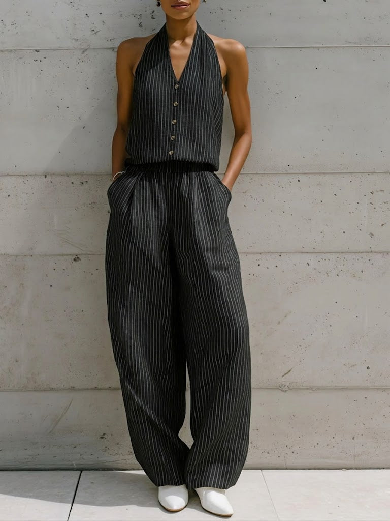 Casual Sleeveless Striped Linen And Cotton Top And Pants Two-piece Set