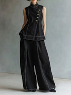 Casual Sleeveless Denim Top And Wide-leg Jeans Two-piece Set