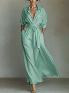 Waist-cinching Shirt-style Maxi Linen And Cotton Dress