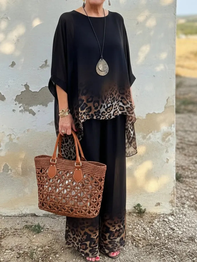 Elegant And Cozy Leopard Print Top And Pants Two-piece Set