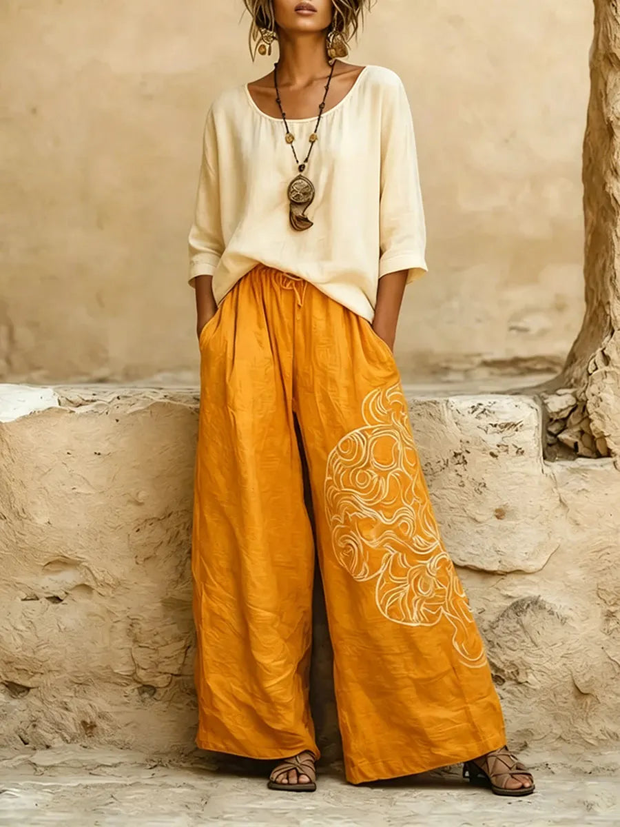 Bohemian Three-piece Set: Ethnic-print Cotton-linen Long Cardigan, Sleeveless Top, And Trousers