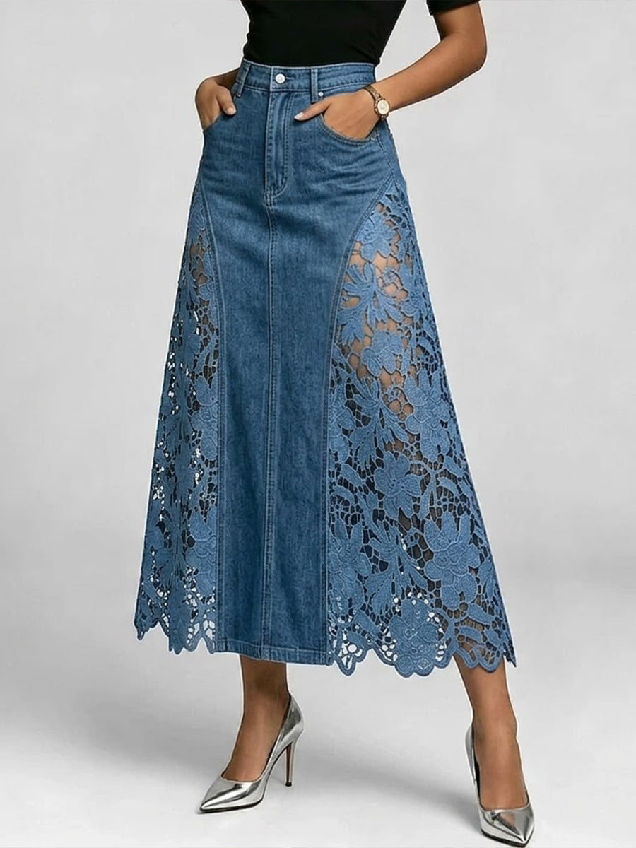 Casual Spliced lace Denim Skirt