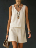 Classic Casual Sleeveless Linen Cotton Top And Shorts Two-piece Set