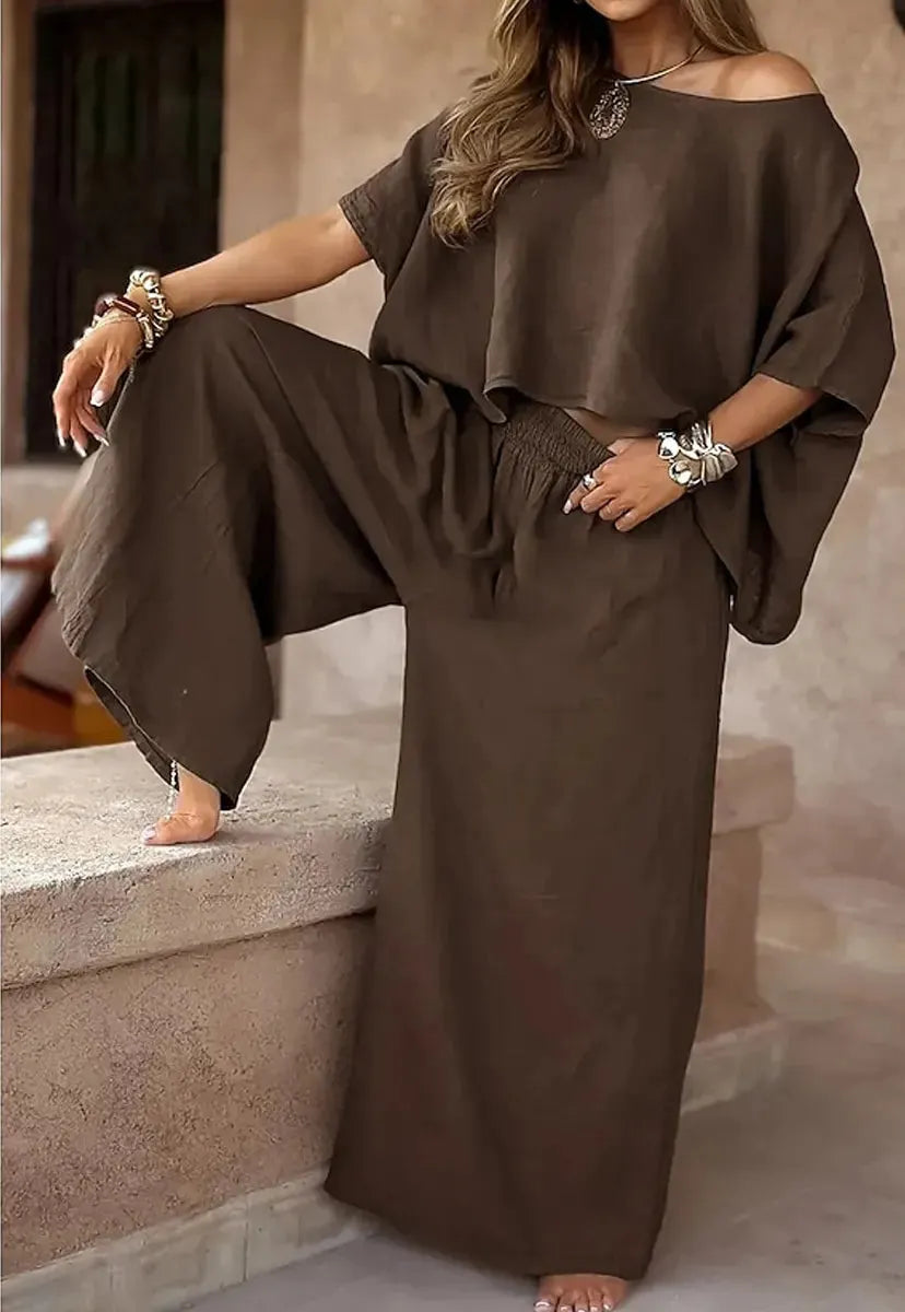 Women's Chic Casual Stylish Cotton Linen Top & Maxi Pants Set