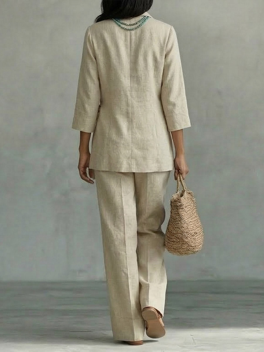 Cotton Linen V-neck Tie-front Top And Casual Trousers Set