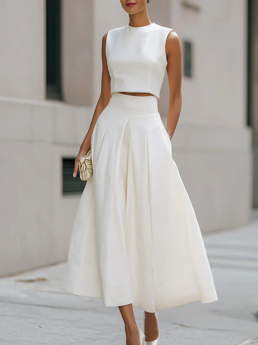Women's Solid-color Cotton-linen Two-piece Set: Sleeveless Crew-neck Loose-fit Top & High-waisted A-line Skirt