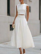 Women's Solid-color Cotton-linen Two-piece Set: Sleeveless Crew-neck Loose-fit Top & High-waisted A-line Skirt