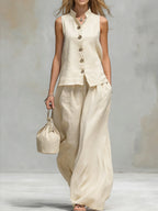 Comfortable And Casual V-neck Sleeveless Button-down Top And Trousers Set