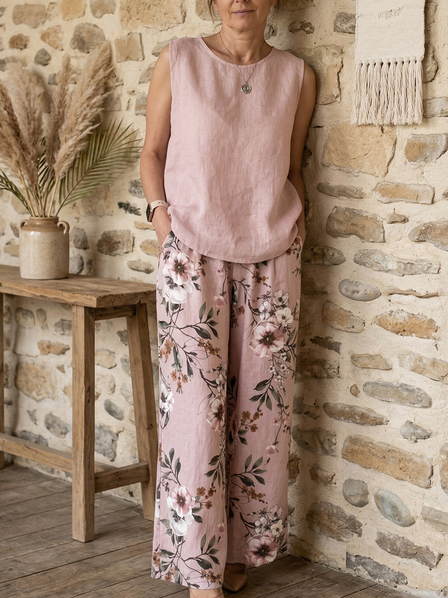 Casual Floral-print Cotton-linen Two-piece Set