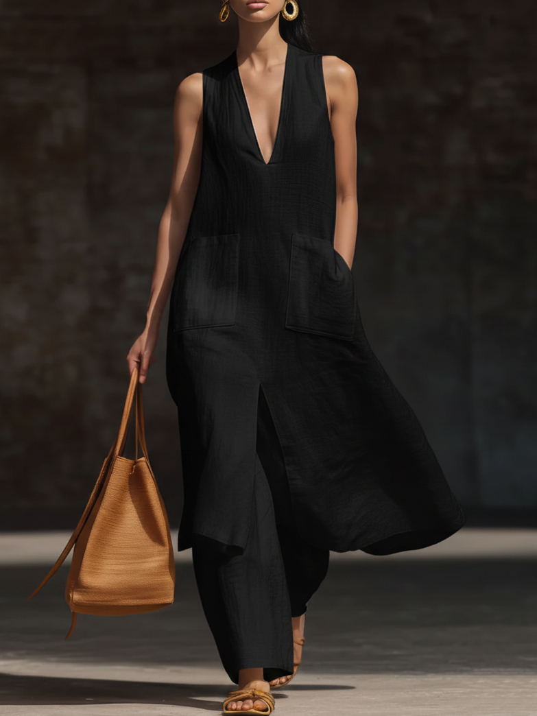 Stylish V-neck Long Shirt And Wide-leg Pant Linen Two-piece Set
