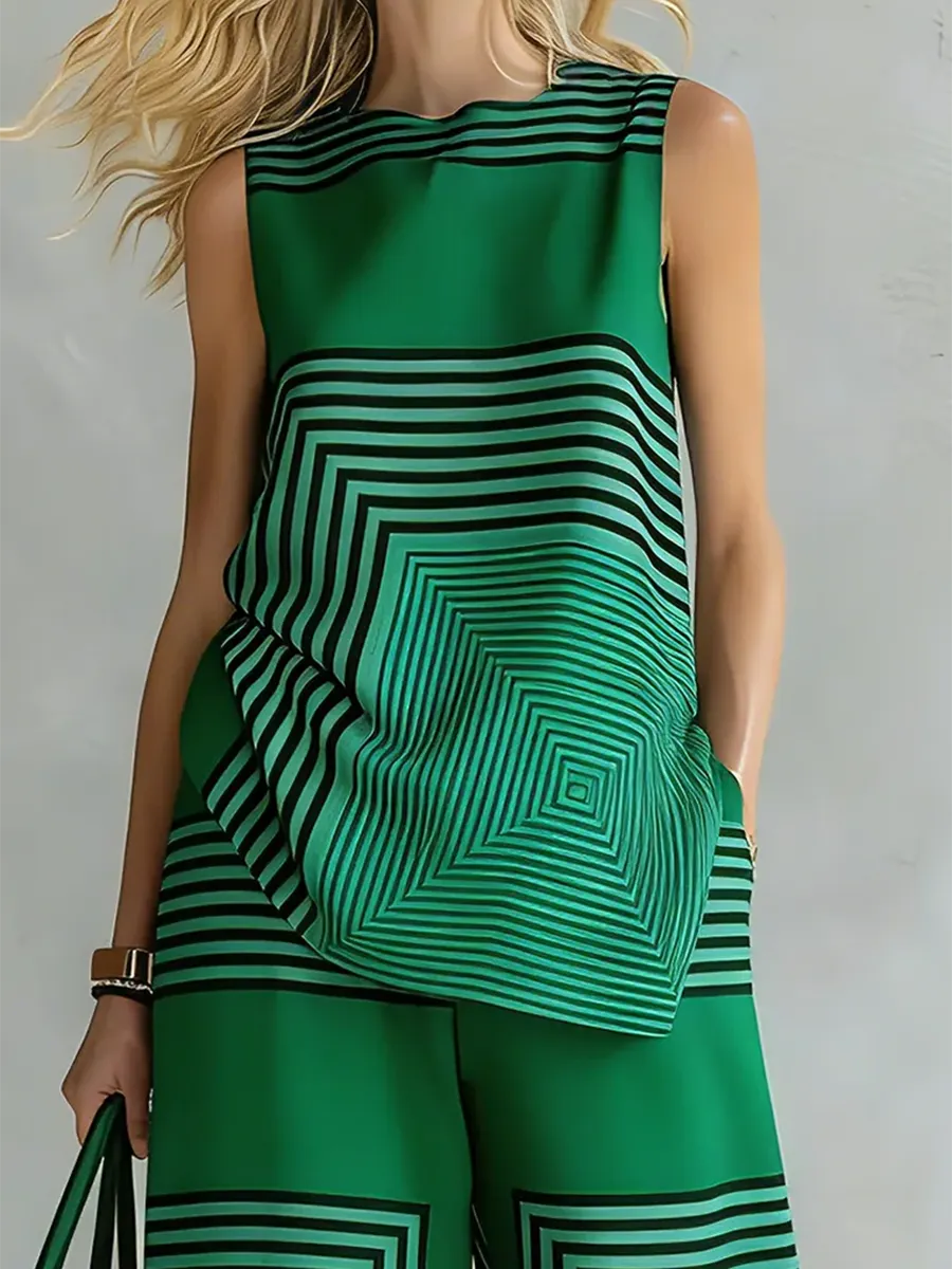 Artistic Geometric Line Print Cotton-linen Two-piece Set