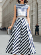 Women's Striped Print Crew Neck Sleeveless Loose-fit Cotton-linen Top & High-waisted A-line Skirt Two-piece Set