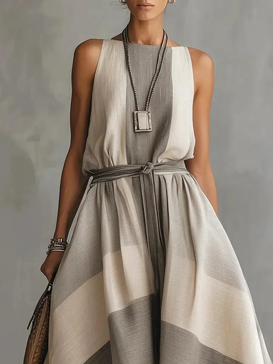 Women's Retro Striped Art Casual Stylish Cotton Linen Maxi Dress