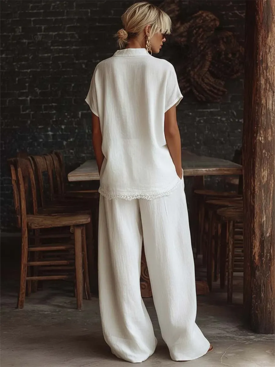 Retro Lace-hem Cotton-linen Two-piece Set